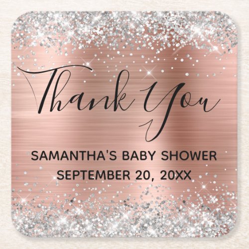 Silver Glitter Rose Gold Baby Shower Thank You Square Paper Coaster