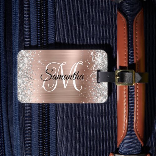 Silver Glitter Rose Gold Curly Monogram Luggage Tag