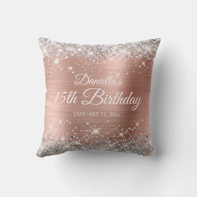 Silver Glitter Rose Gold Foil 15th Birthday Throw Pillow (Back)