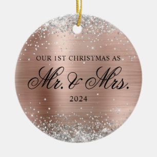 Silver Glitter Rose Gold Foil 1st Christmas Photo Ceramic Ornament