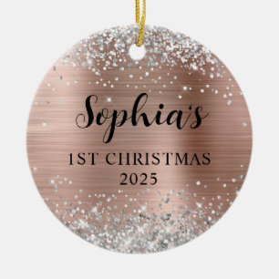 Silver Glitter Rose Gold Foil 1st Christmas Photo Ceramic Ornament