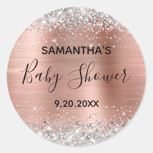 Silver Glitter Rose Gold Foil Baby Shower Classic Round Sticker