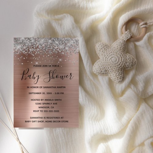 Silver Glitter Rose Gold Foil Baby Shower Invitation