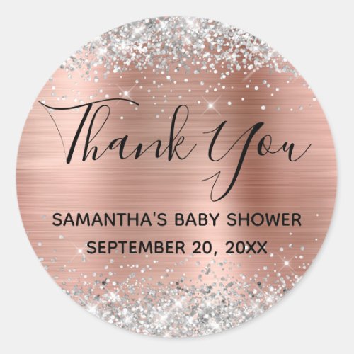 Silver Glitter Rose Gold Foil Baby Shower Thanks Classic Round Sticker