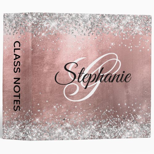 Silver Glitter Rose Gold Foil Fancy Monogram 3 Ring Binder