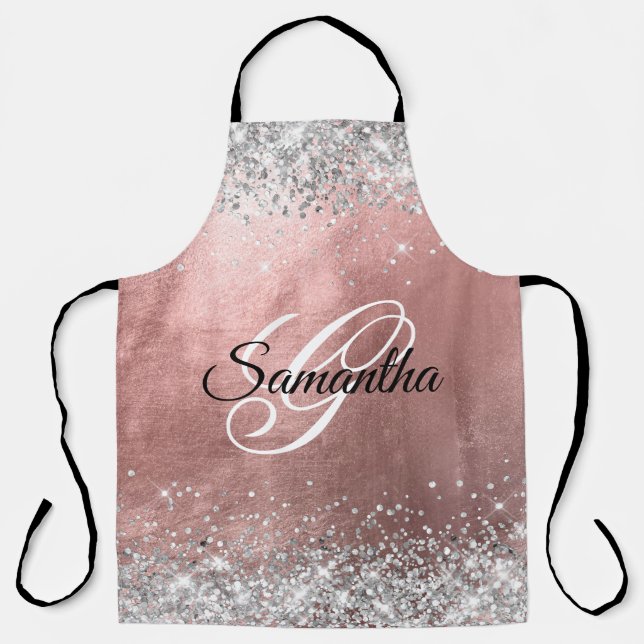 Silver Glitter Rose Gold Foil Fancy Monogram Apron (Front)