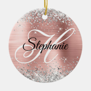 Silver Glitter Rose Gold Foil Fancy Monogram Ceramic Ornament