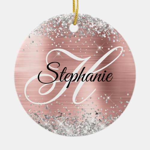 Silver Glitter Rose Gold Foil Fancy Monogram Ceramic Ornament