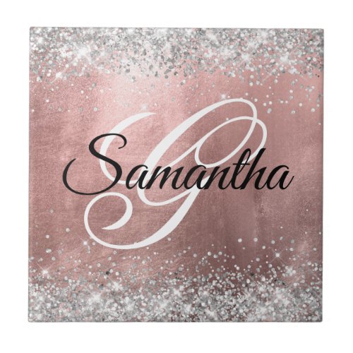 Silver Glitter Rose Gold Foil Fancy Monogram Ceramic Tile