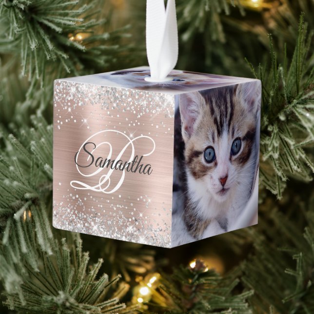 Silver Glitter Rose Gold Foil Fancy Monogram Cube Ornament (Tree)