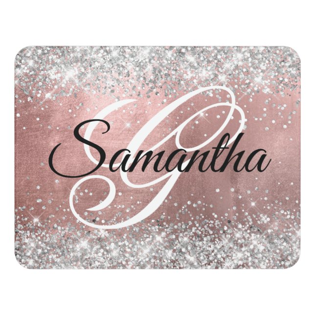 Silver Glitter Rose Gold Foil Fancy Monogram Door Sign (Contemporary Front)