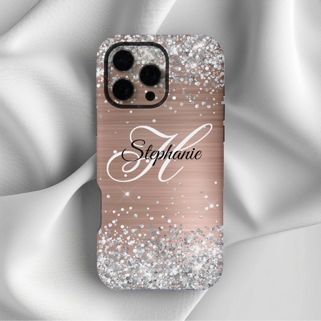Silver Glitter Rose Gold Foil Fancy Monogram iPhone Case (Silver Glitter Rose Gold Foil Fancy Monogram iPhone Case)