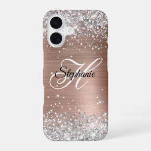 Silver Glitter Rose Gold Foil Fancy Monogram iPhone 16 Case