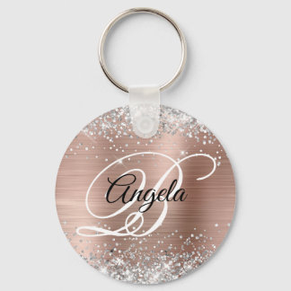 Silver Glitter Rose Gold Foil Fancy Monogram Keychain