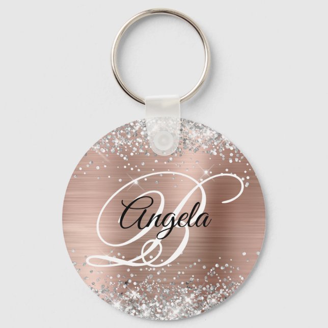 Silver Glitter Rose Gold Foil Fancy Monogram Keychain (Front)