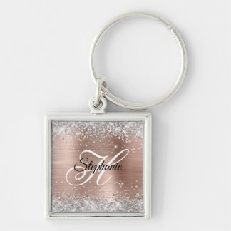Silver Glitter Rose Gold Foil Fancy Monogram Keychain