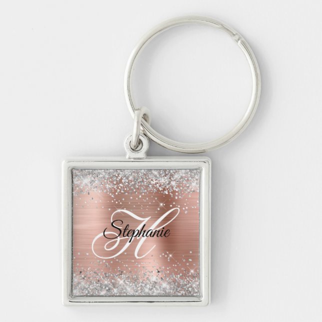 Silver Glitter Rose Gold Foil Fancy Monogram Keychain (Front)