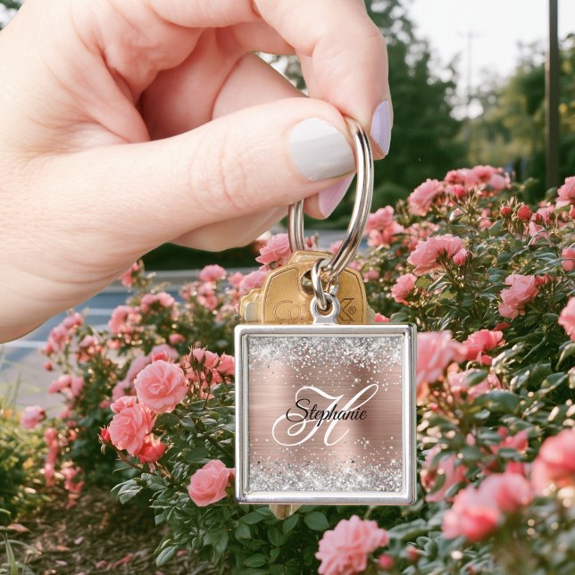 Silver Glitter Rose Gold Foil Fancy Monogram Keychain (Silver Glitter Rose Gold Foil Fancy Monogram Keychain)
