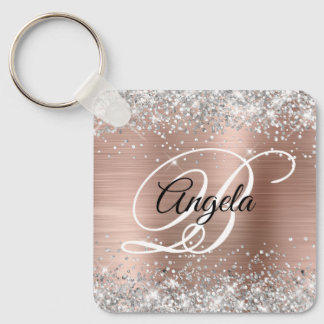 Silver Glitter Rose Gold Foil Fancy Monogram Keychain