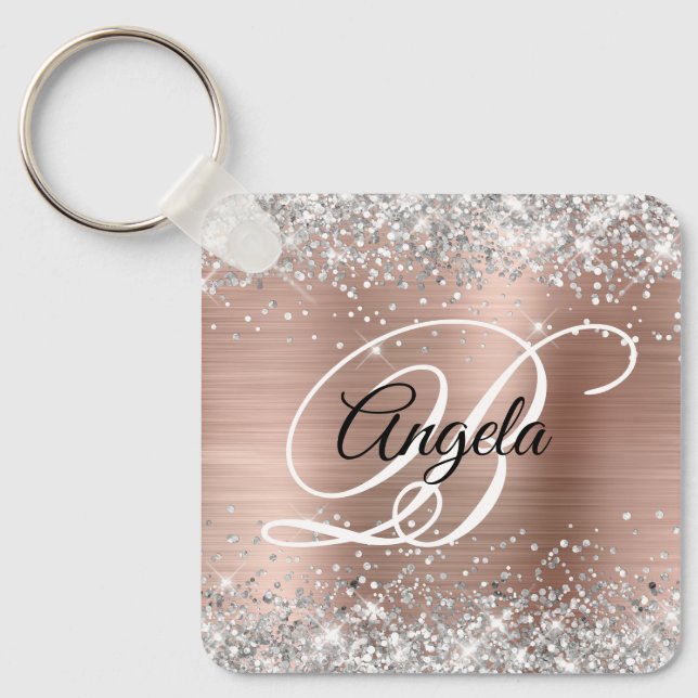 Silver Glitter Rose Gold Foil Fancy Monogram Keychain (Front)