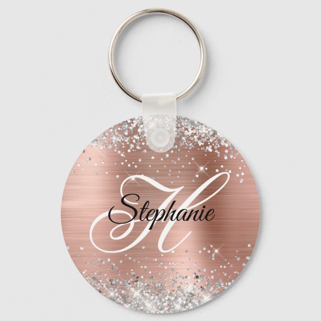 Silver Glitter Rose Gold Foil Fancy Monogram Keychain (Front)