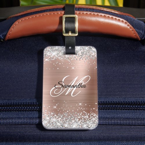 Silver Glitter Rose Gold Foil Fancy Monogram Luggage Tag