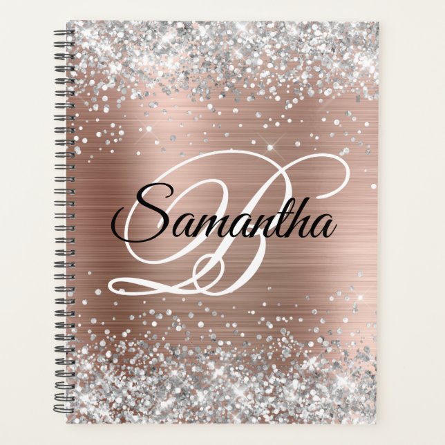 Silver Glitter Rose Gold Foil Fancy Monogram Planner (Front)