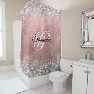 Silver Glitter Rose Gold Foil Fancy Monogram Shower Curtain