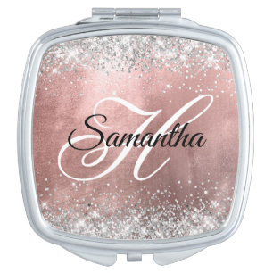 Silver Glitter Rose Gold Foil Fancy Monogram Sq Compact Mirror
