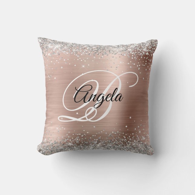 Silver Glitter Rose Gold Foil Fancy Monogram Throw Pillow (Front)