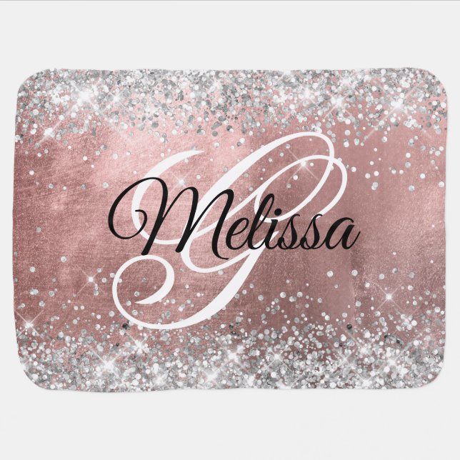 Silver Glitter Rose Gold Foil Fancy Monogrammed Baby Blanket (Horizontal)