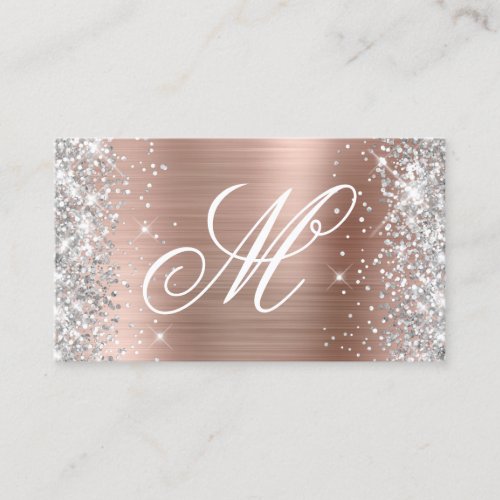 Silver Glitter Rose Gold Foil Fancy Monogrammed Business Card