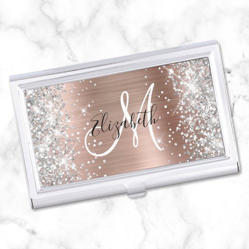 Silver Glitter Rose Gold Foil Girly Monogram Business Card Case