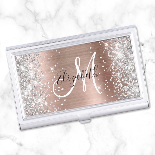 Silver Glitter Rose Gold Foil Girly Monogram Business Card Case (Create your own girly monogrammed business card case for her.)