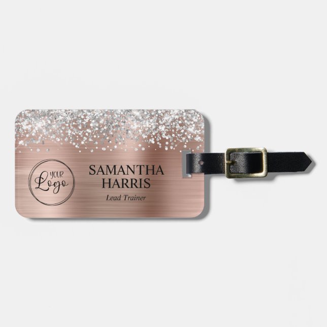 Silver Glitter Rose Gold Foil Logo Luggage Tag (Front Horizontal)