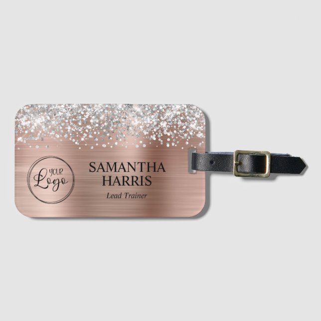 Silver Glitter Rose Gold Foil Logo Luggage Tag (Front Horizontal)