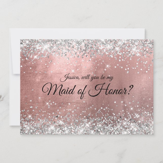 Silver Glitter Rose Gold Foil Maid of Honor Invitation (Front)