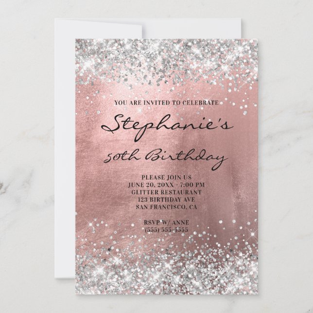 Silver Glitter Rose Gold Foil Monogram Birthday Invitation (Front)