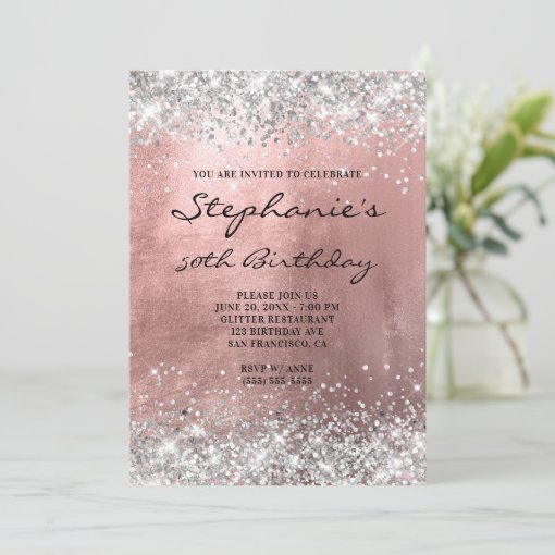 Silver Glitter Rose Gold Foil Monogram Birthday Invitation | Zazzle