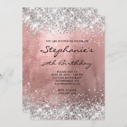 Silver Glitter Rose Gold Foil Monogram Birthday Invitation | Zazzle