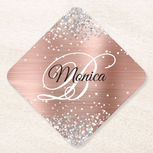 Silver Glitter Rose Gold Foil Monogram Diamond Paper Coaster