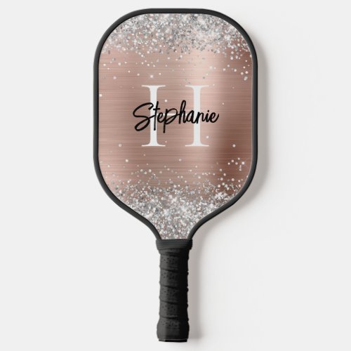 Silver Glitter Rose Gold Foil Monogrammed Pickleball Paddle