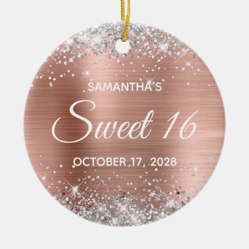 Silver Glitter Rose Gold Foil Sweet 16 Birthday Ceramic Ornament