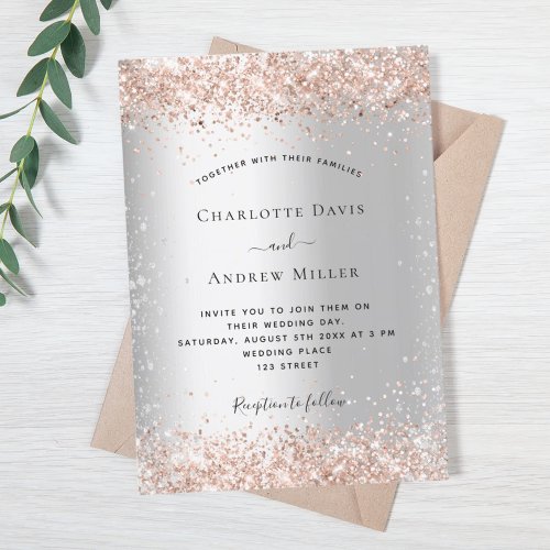 Silver glitter rose gold formal wedding invitation