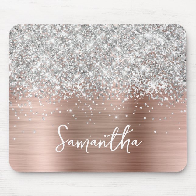 Silver Glitter Rose Gold Glam Name Mouse Pad (Front)