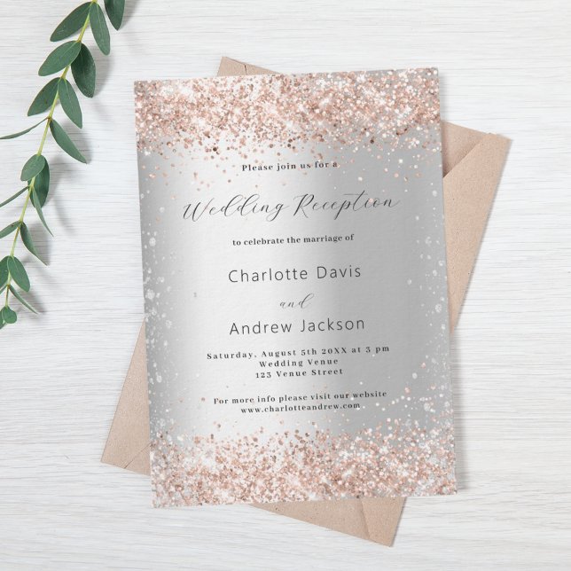 Silver glitter rose gold luxury wedding reception invitation (Creator Uploaded)