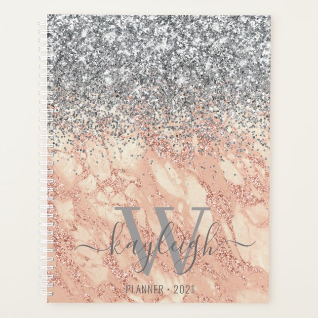Silver Glitter Rose Gold Marble Monogrammed 2021 Planner (Front)