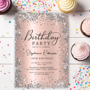 Silver Glitter Rose Gold Metal 18th Birthday Invitation