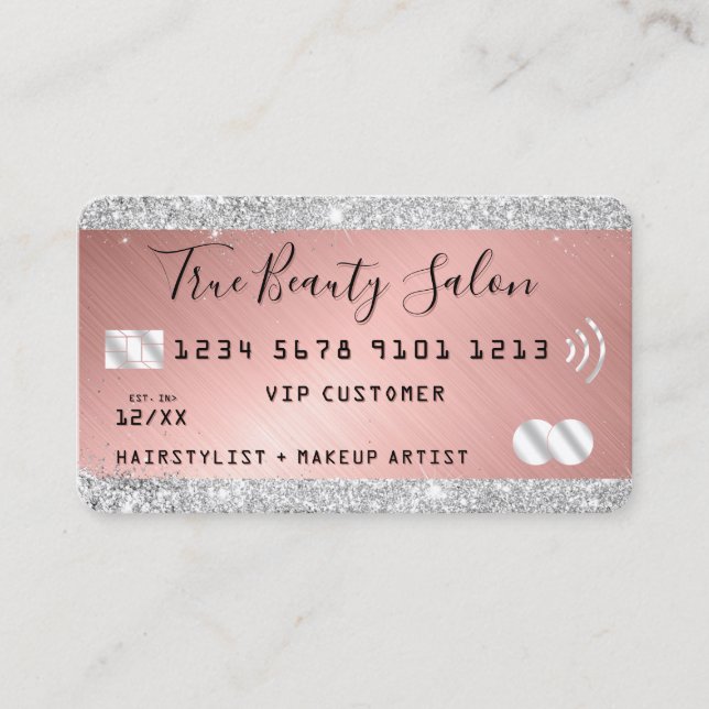 Silver Glitter Rose Gold Metallic Credit Style  Business Card (Front)