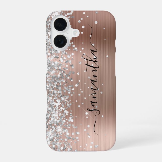 Silver Glitter Rose Gold Metallic Girly Signature iPhone Case (Back)
